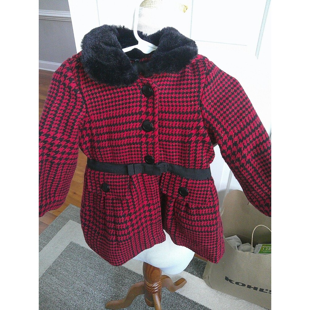 London Fog Wool Blend Red Black Plaid Coat Faux Fur Collar & Hood Infant 12mo